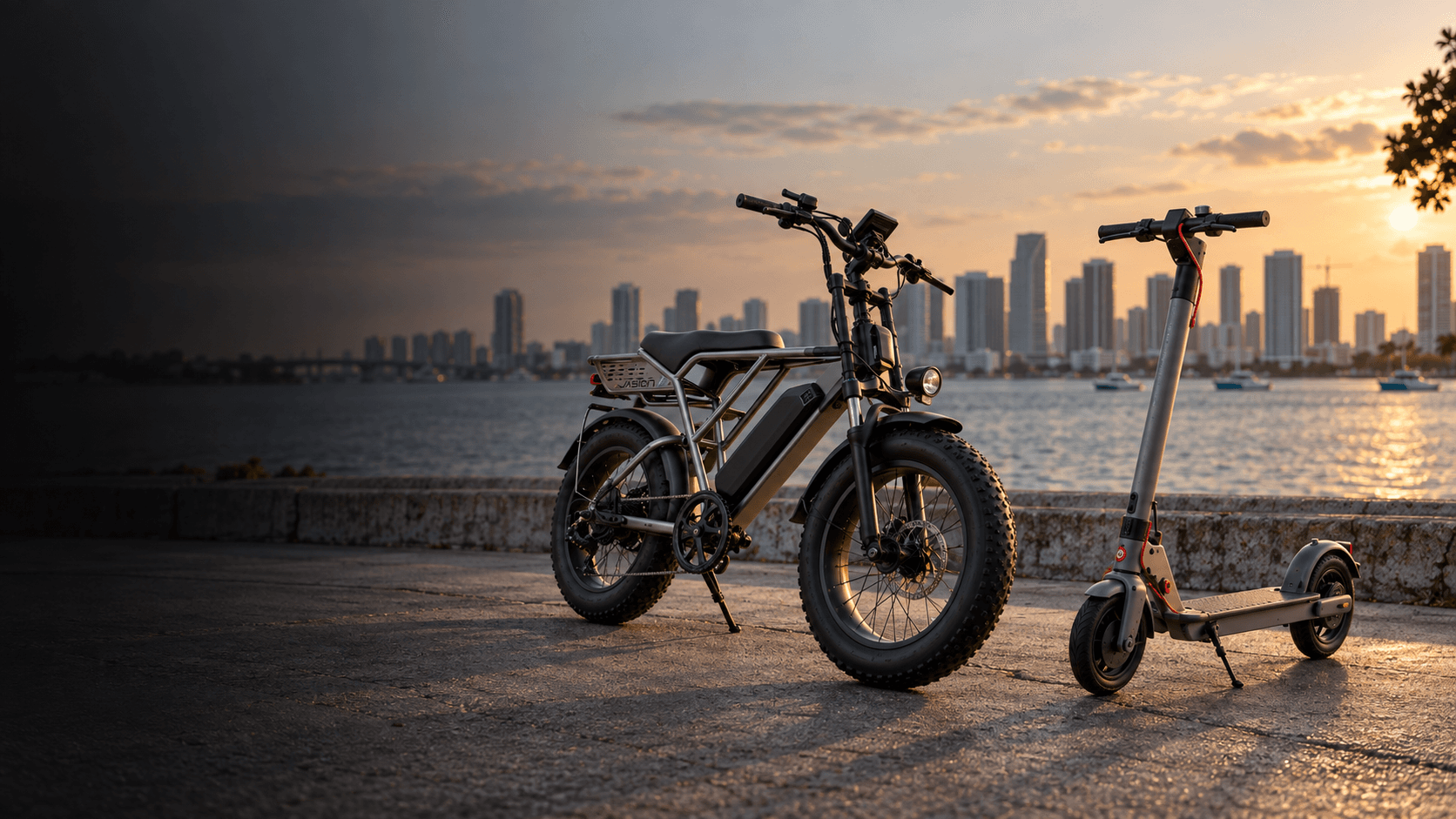 Electric bike and scooter at sunset